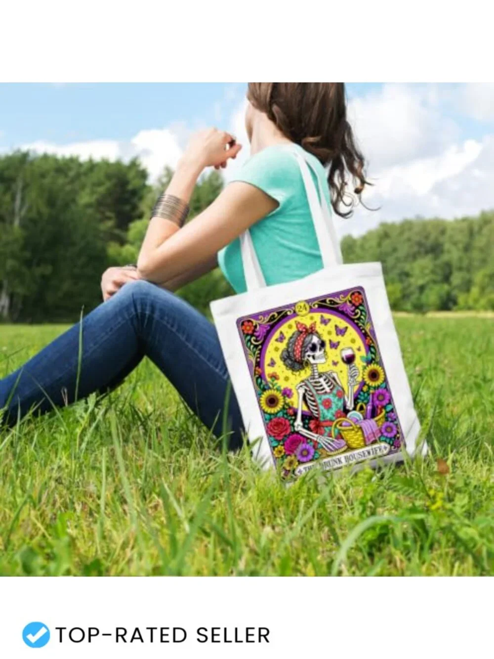 Funny Skull Tarot Card Canvas Tote Bag for Women Witchy Grocery Shopping